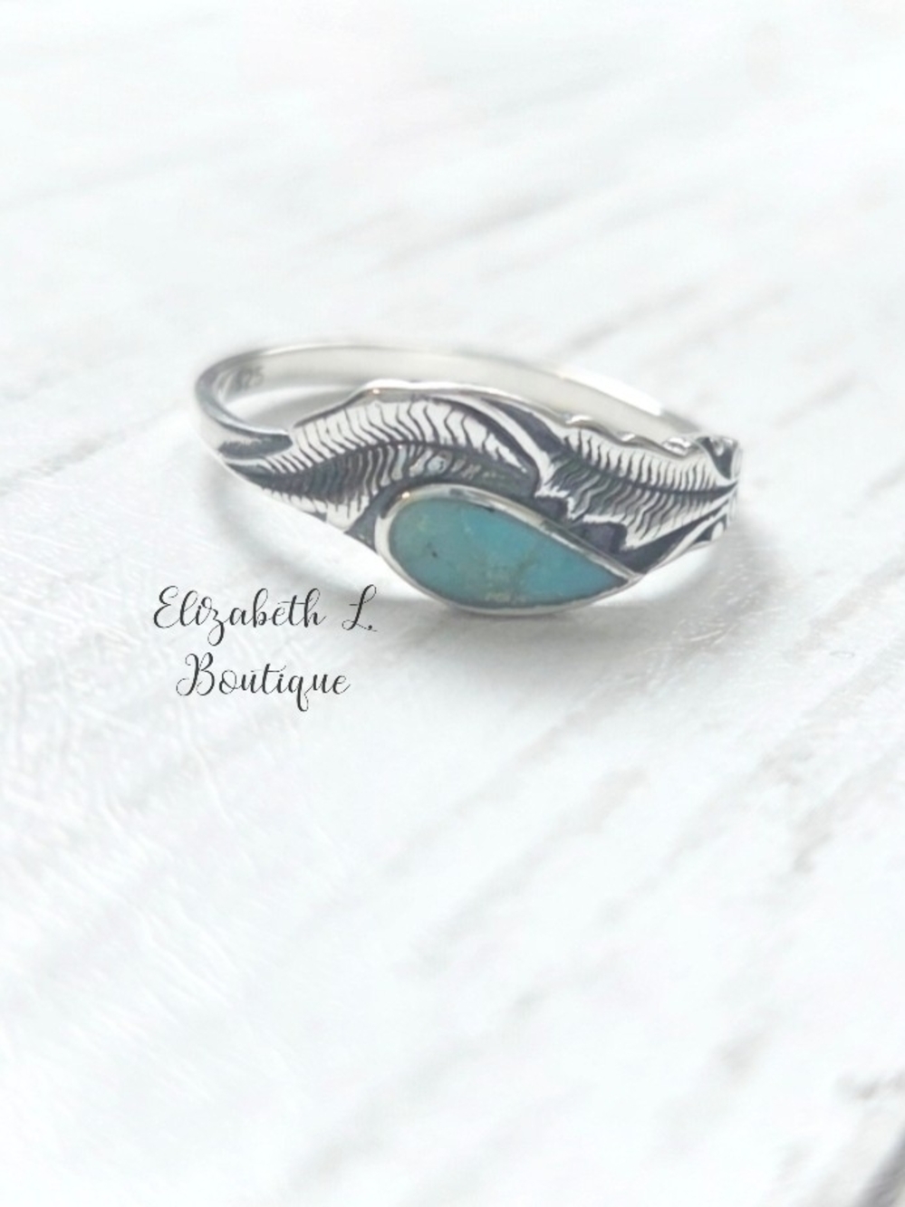 925 Silver Turquoise Leaf Design Ring Boutique New!